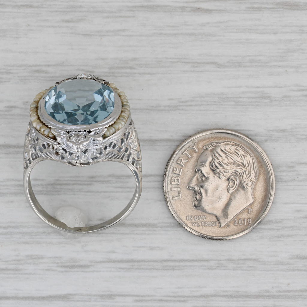Gray Vintage Lab Created Blue Spinel Diamond Pearls Filigree Ring 14k White Gold Sz 6