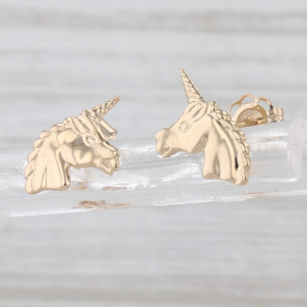 Unicorn Stud Earrings 14k Yellow Gold Studs Child's Small Lightweight Whimsical