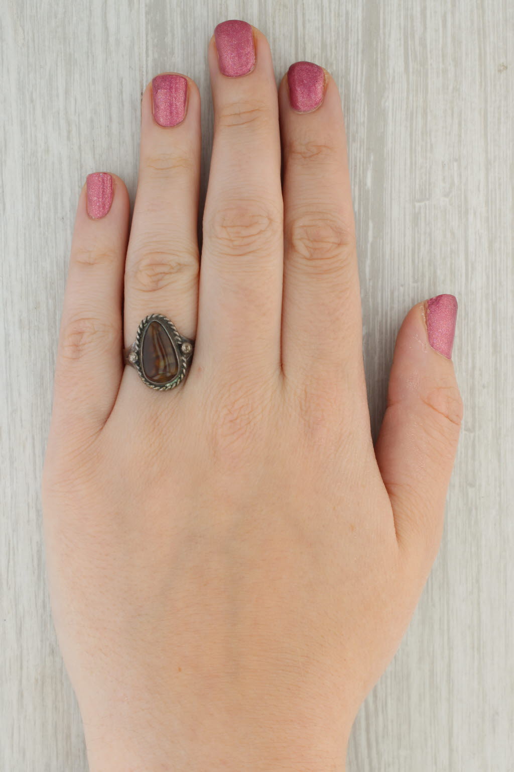 Tan Fire Agate Pear Cabochon Ring Sterling Silver Vintage Native American Size 8.5