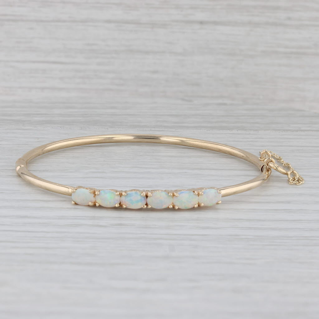 Gray Opal Bangle Bracelet 14k Yellow Gold 6.5" Hinged with Safety Chain