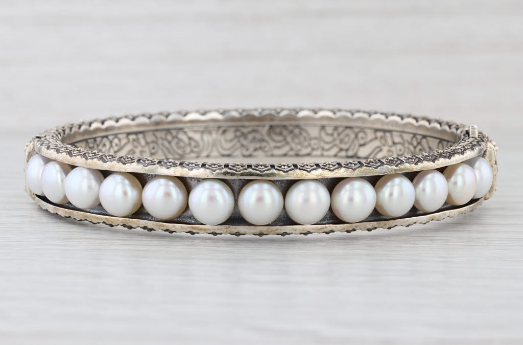 Jai John Hardy Cultured Pearl Ornate Bangle Bracelet Sterling Silver Turtles