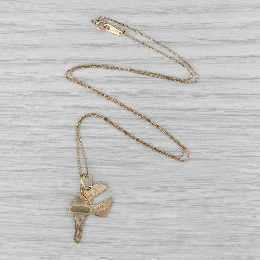 Heart & Key Pendant Necklace 14k Yellow Gold 17" Box Chain