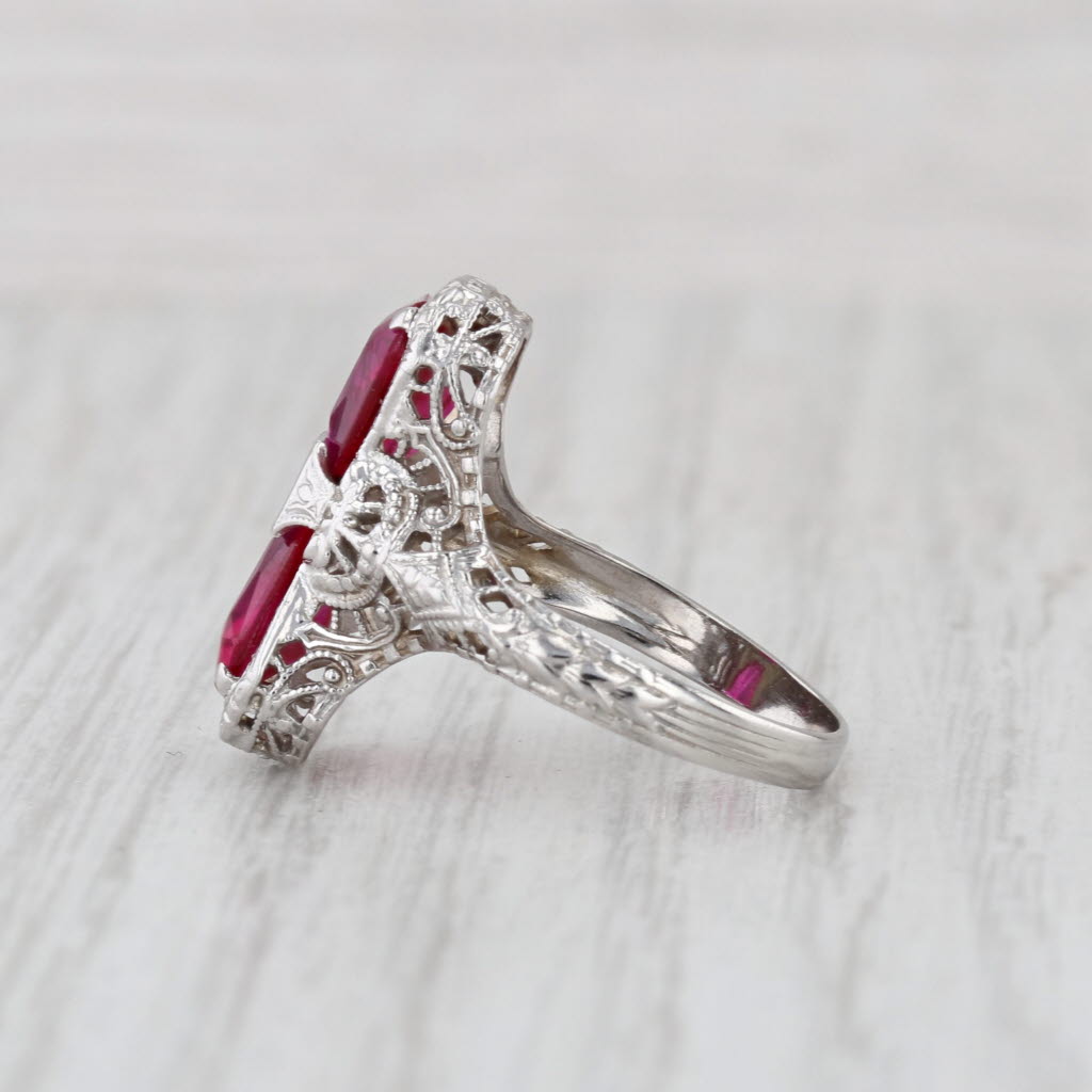 Art Deco Lab Created Ruby Filigree Ring 14k White Gold Size 5
