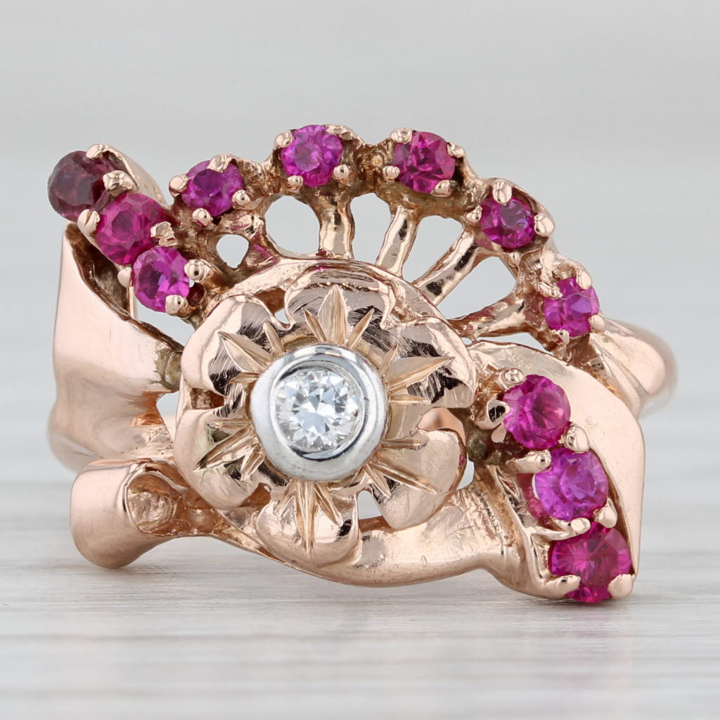 Light Gray Retro Vintage 0.68ctw Ruby Diamond Rose Gold Cocktail Ring 14k Size 6.25
