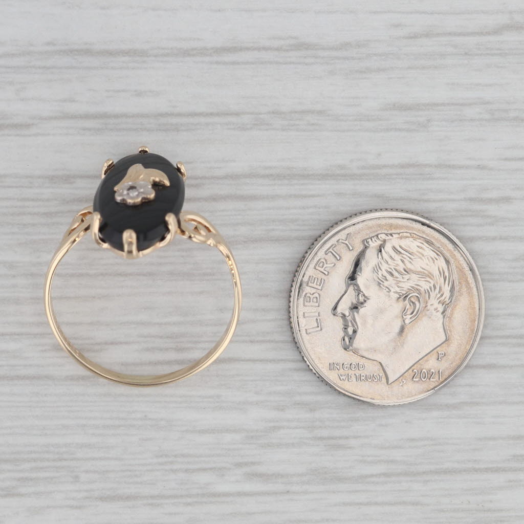 Gray Vintage Onyx Flower Signet Ring 10k Yellow Gold Size 5.5 Bypass PS Co