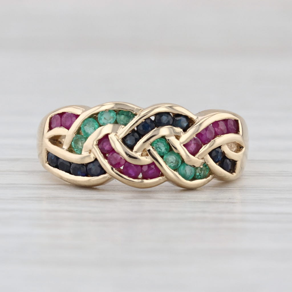 0.84ctw Ruby Sapphire Emerald Woven Knot Ring 14k Yellow Gold Size 7 Stackable