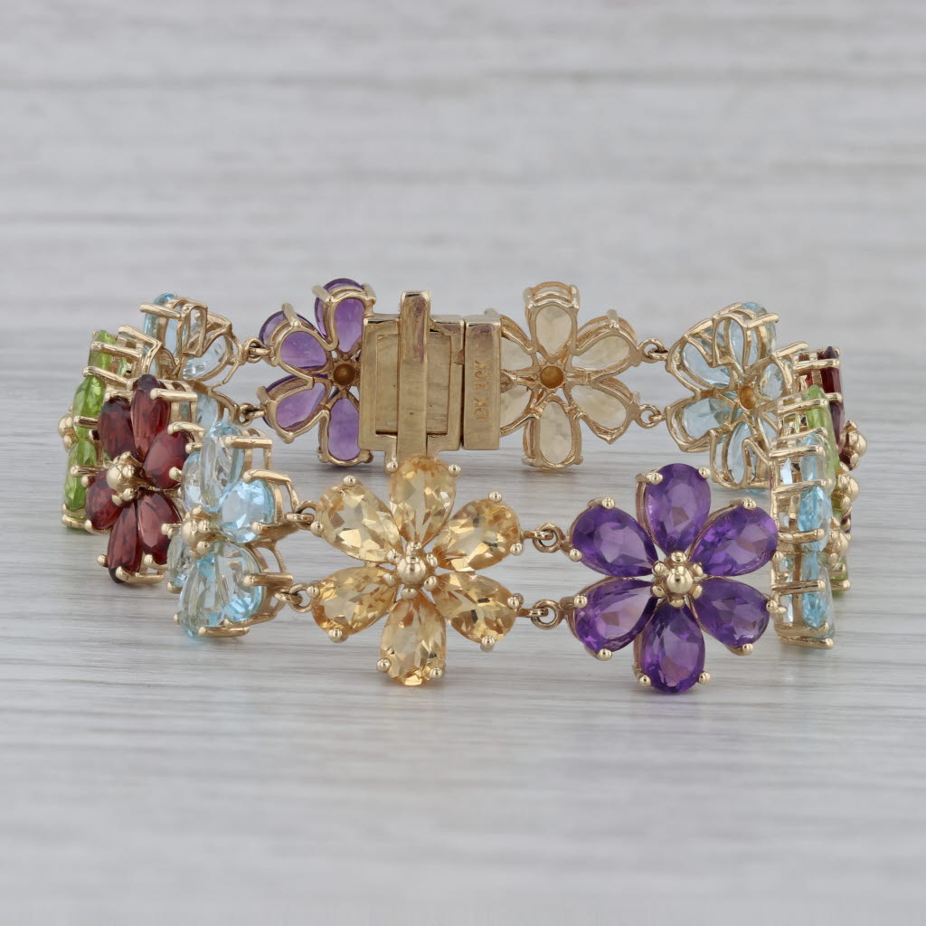 Gray 28.20ctw Gemstone Flower Bracelet 10k Gold 7" Garnet Amethyst peridot Aquamarine
