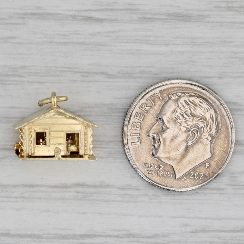 Gray Log Cabin Charm 14k Yellow Gold Opens 3D Souvenir Vintage Pendant