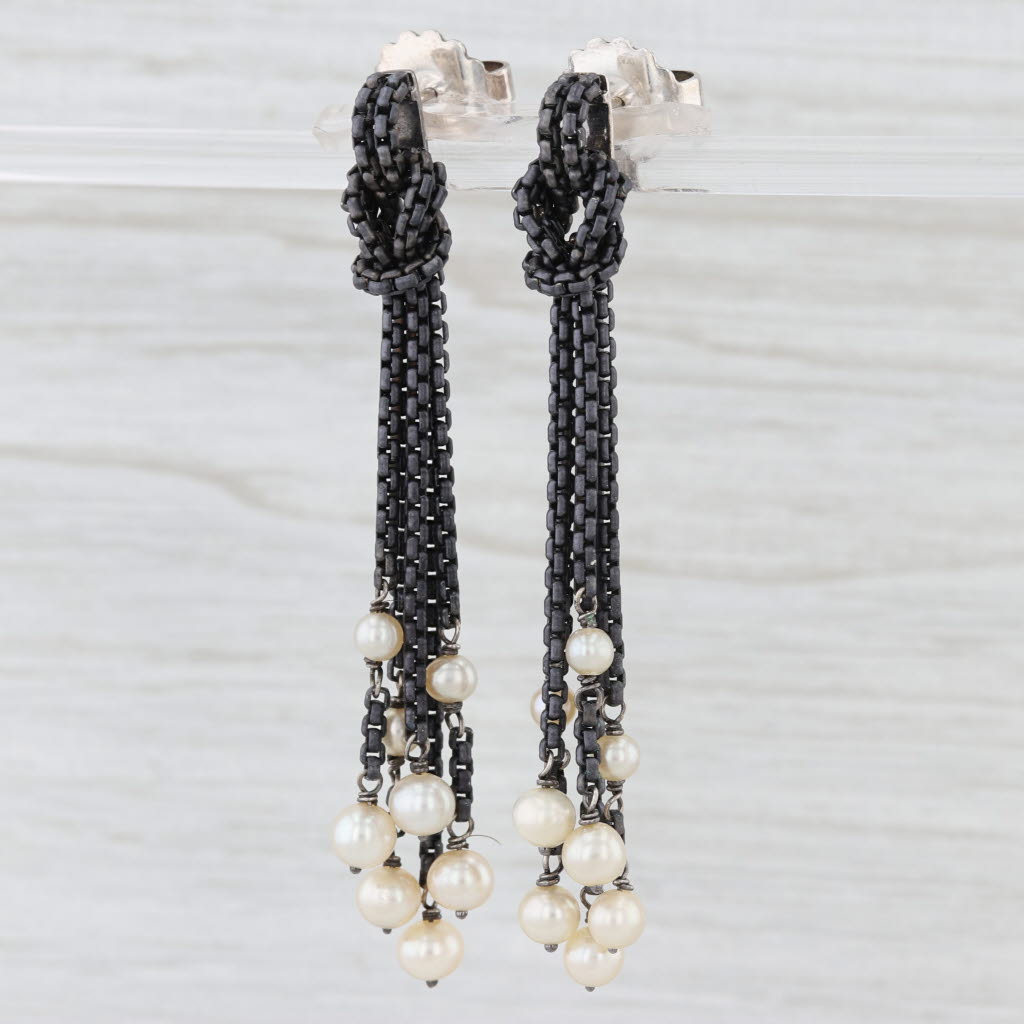 David Yurman Cultured Pearl Chain Fringe Drop Earrings Sterling Silver 18k Gold