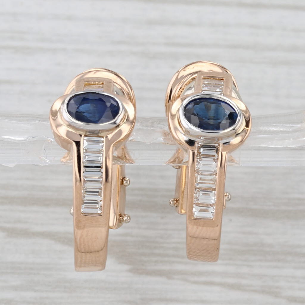 2.34ctw Blue Sapphire Diamond J-Hoop Hoop Earrings 18k Rose Gold Omega Backs