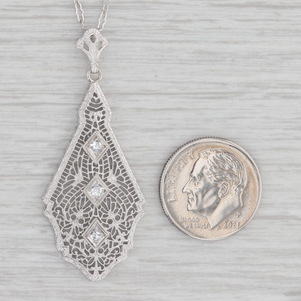 Light Gray Art Deco Diamond Filigree Pendant Necklace 10k White Gold 17" Crinkle Chain