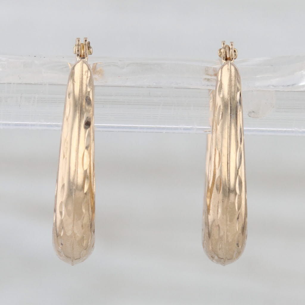 Etched Hoop Earrings 14k Yellow Gold Snap Top Round Hoops