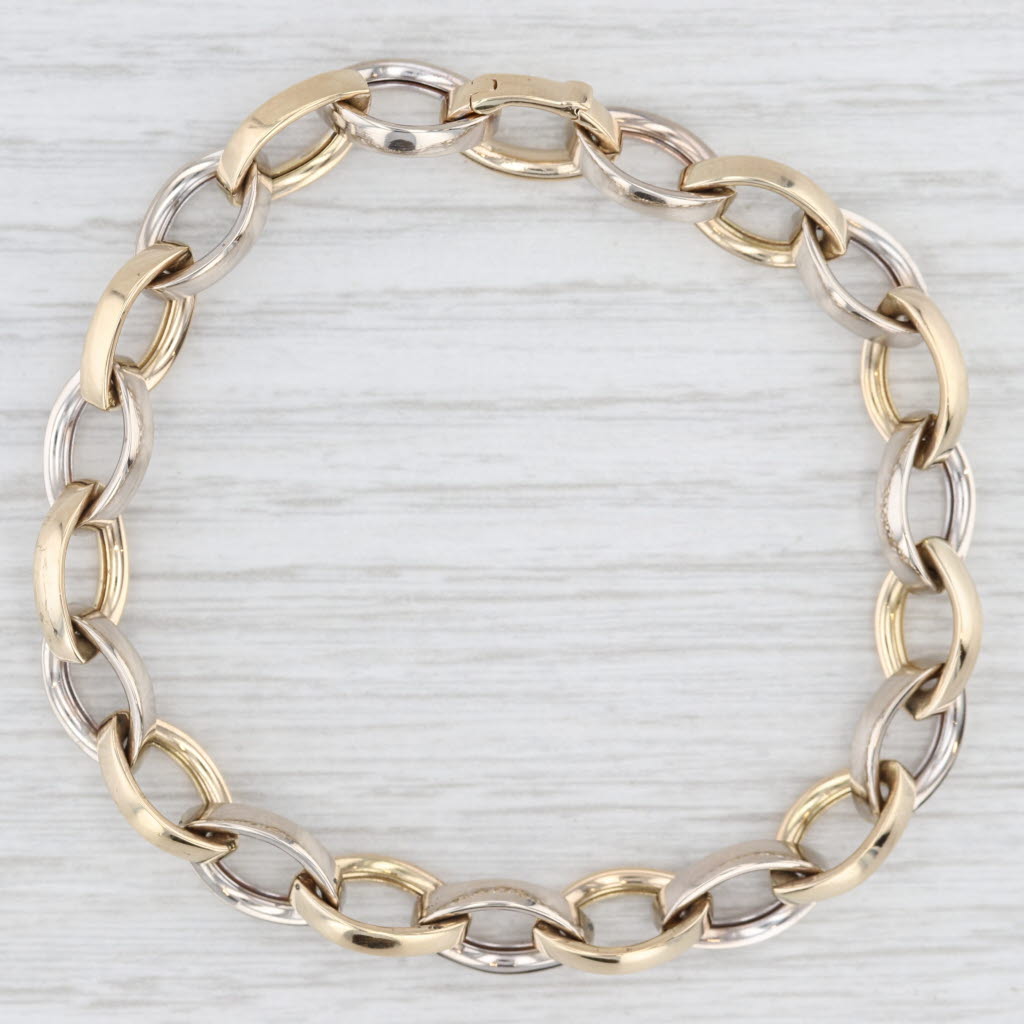 Light Gray Marquise Link Cable Chain Bracelet 14k Yellow White Gold 6 1/2" 7.5mm