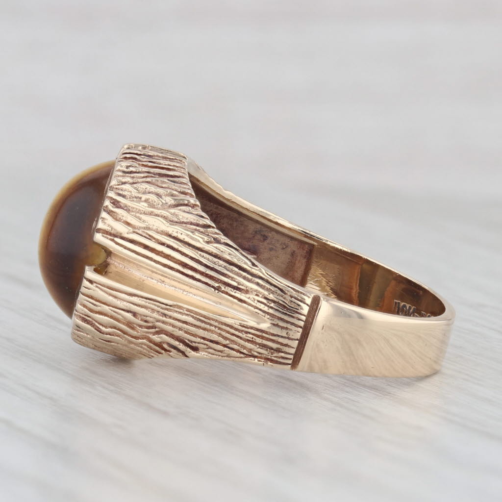 Light Gray Tiger's Eye Oval Cabochon Solitaire Ring 10k Gold Size 9.75 Woodgrain Vintage