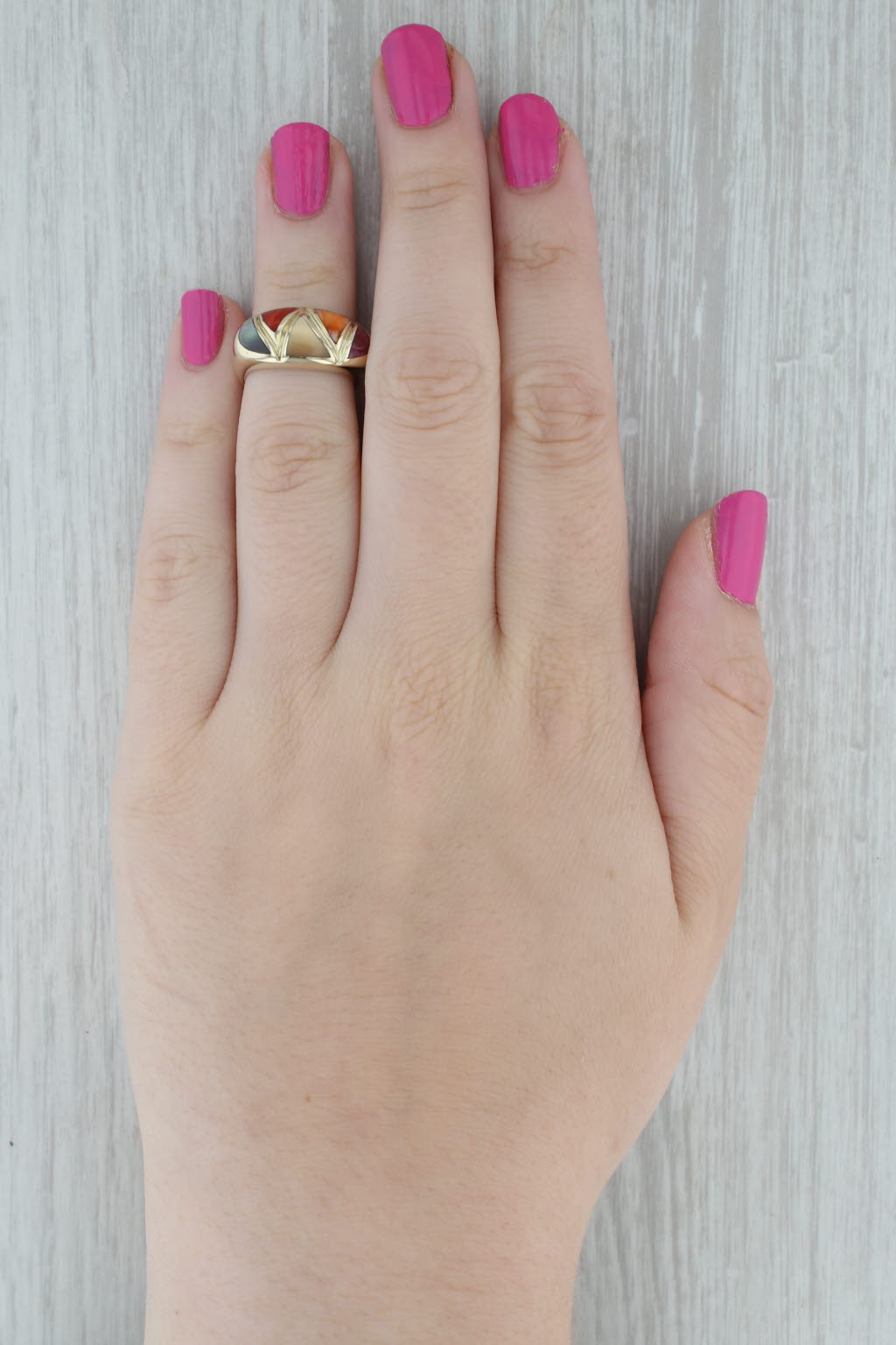 Dark Gray Asch Grossbardt Coral Shell Mother of Pearl Inlay Mosaic Ring 14k Gold Size 5.5