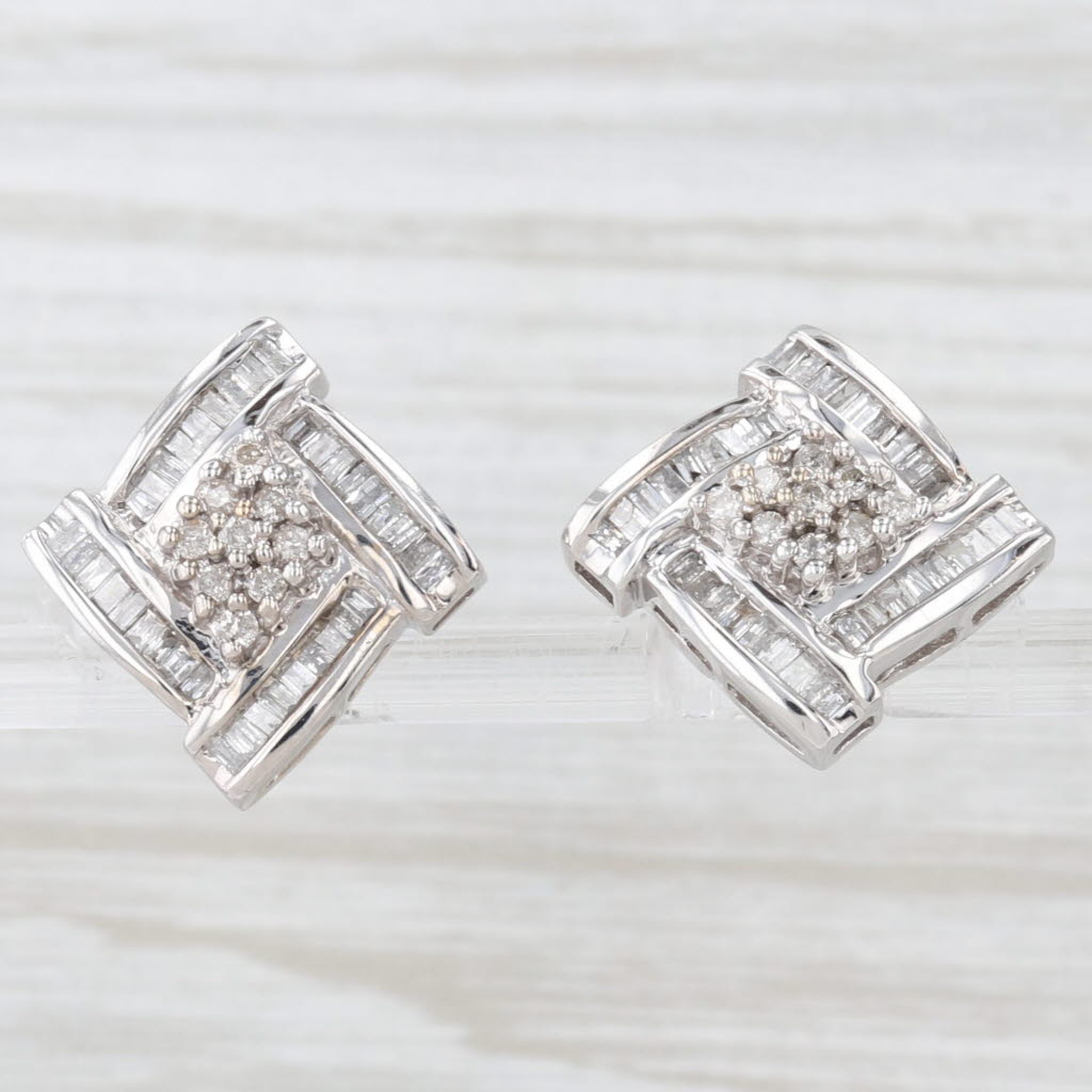 Light Gray 1ctw Diamond Cluster Halo Stud Earrings 10k White Gold