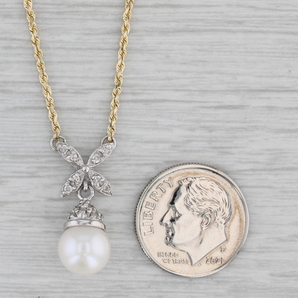 Gray 0.15ctw Diamond Cultured Pearl Pendant Necklace 14k Gold 16.25" Rope Chain