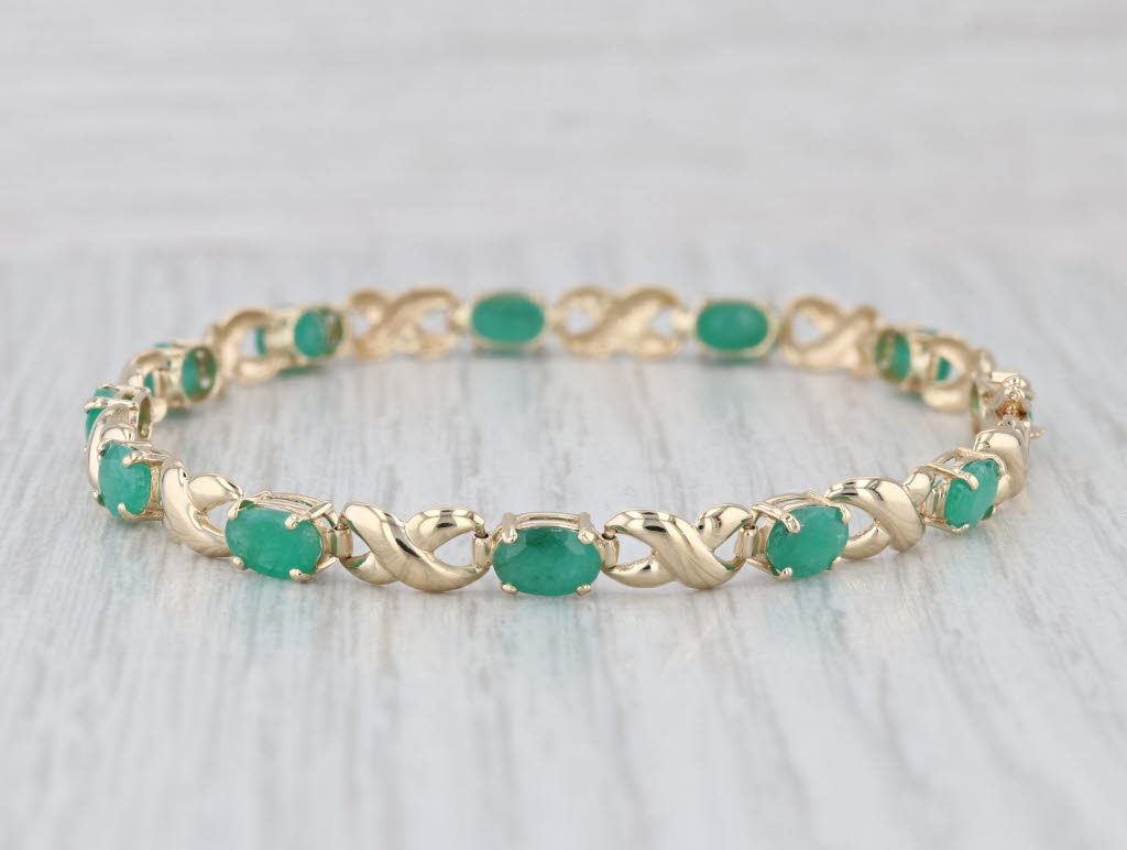 5.65ctw Emerald Tennis Bracelet Inifinity Links 14k Yellow Gold 7.25" 4.9mm