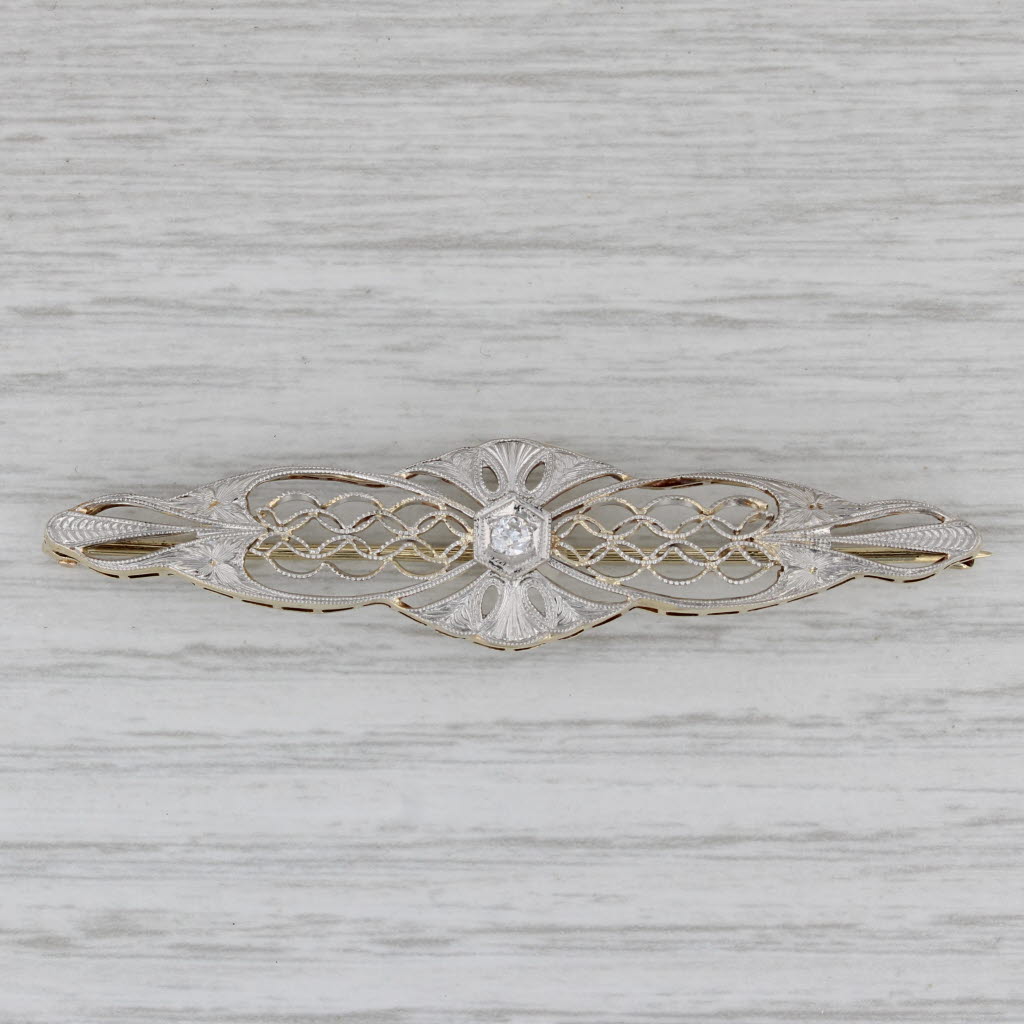 Gray Vintage Diamond Filigree Bar Pin 14k Gold Platinum Brooch