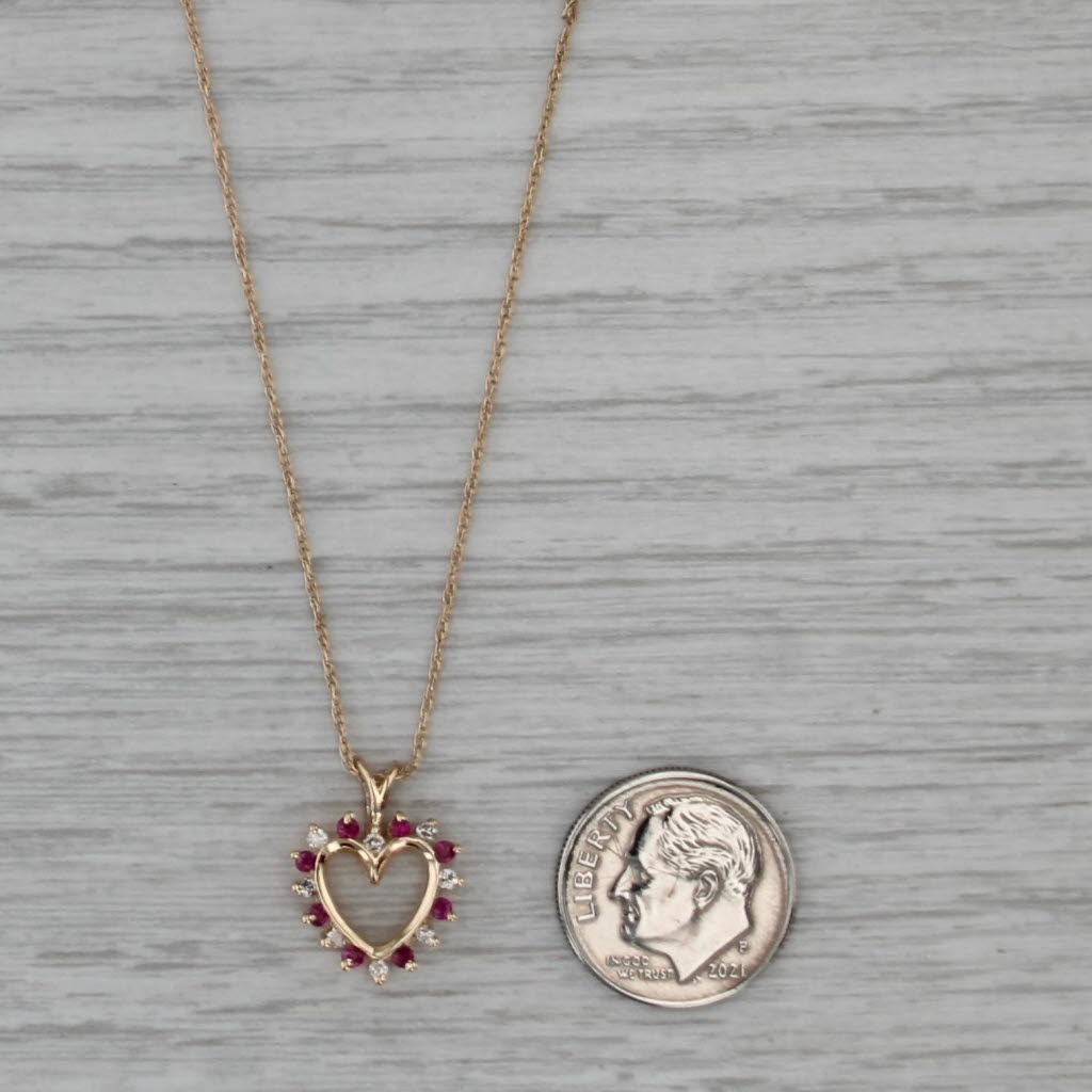 0.24ctw Ruby Diamond Open Heart Pendant Necklace 14k Yellow Gold 16" Rope Chain