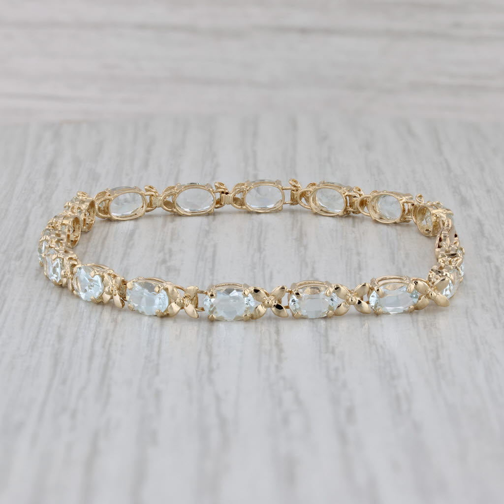 Gray 6.80ctw Oval Aquamarine Floral Tennis Bracelet 14k Yellow Gold 7" 4.2mm