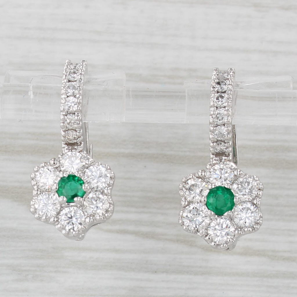 Light Gray 1.70ctw Emerald Diamond Flower Drop Earrings 14k White Gold Lever Backs