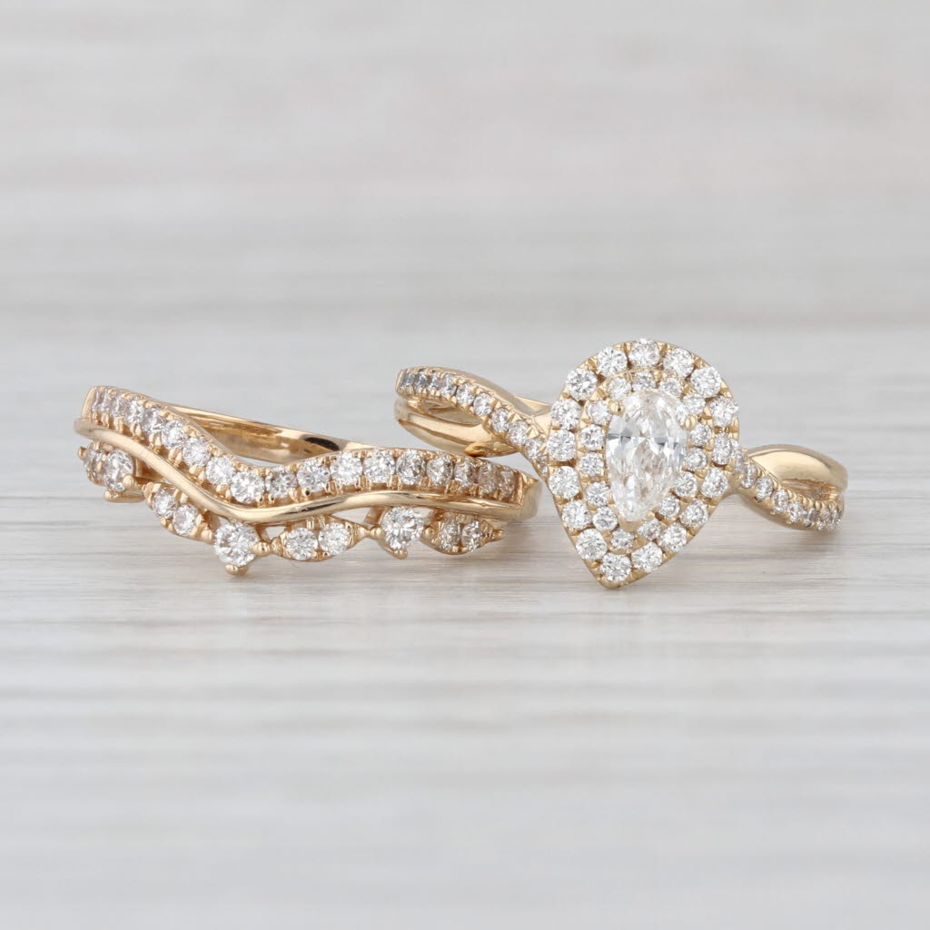 0.65ctw Pear Diamond Halo Engagement Ring Wedding Band Bridal Set 14k Gold