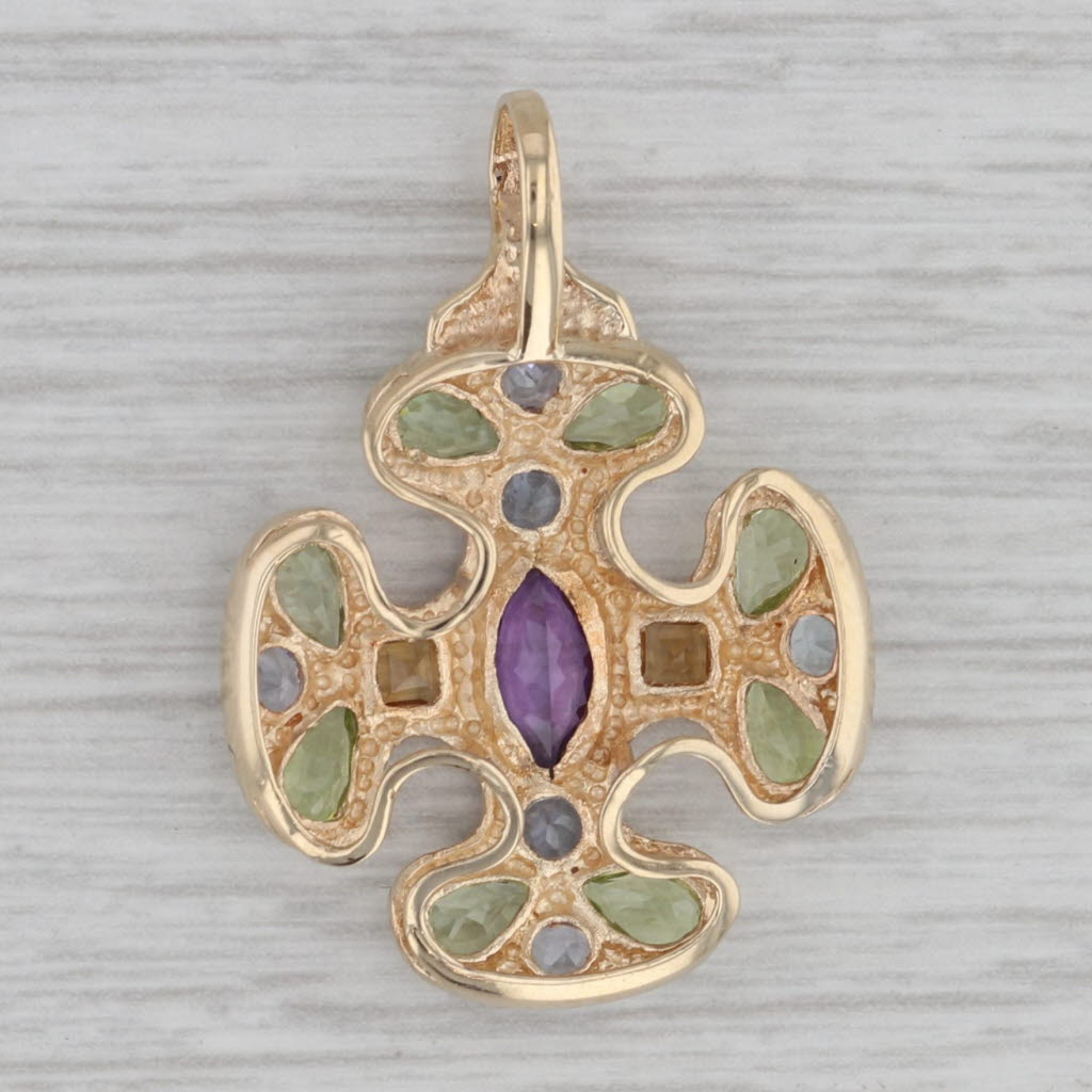 Gray 2.89ctw Gemstone Cross Pendant 14k Gold Amethyst Peridot Citrine Tanzanite