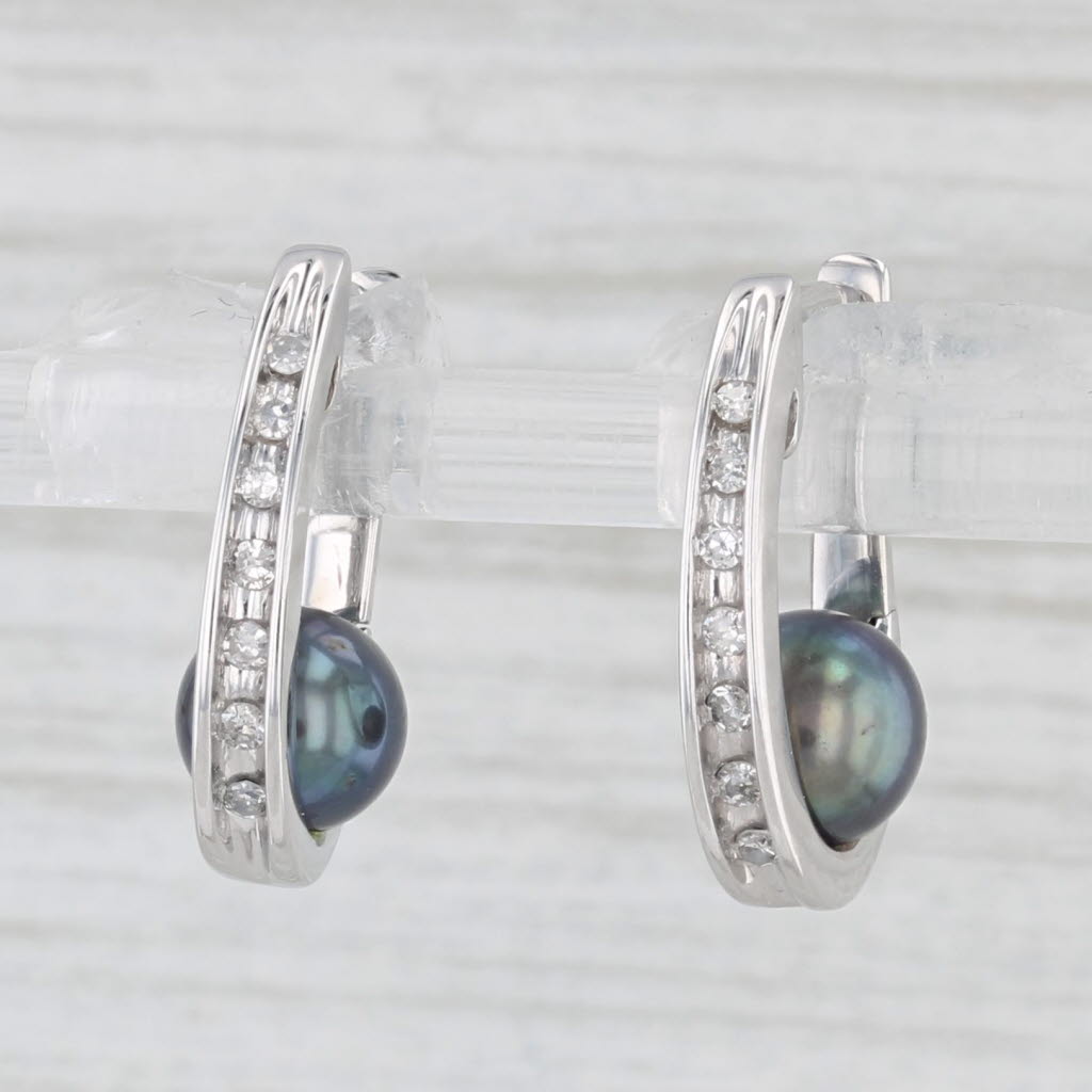 Light Gray Cultured Black Pearl Diamond J-Hook Earrings 14k White Gold Snap Top