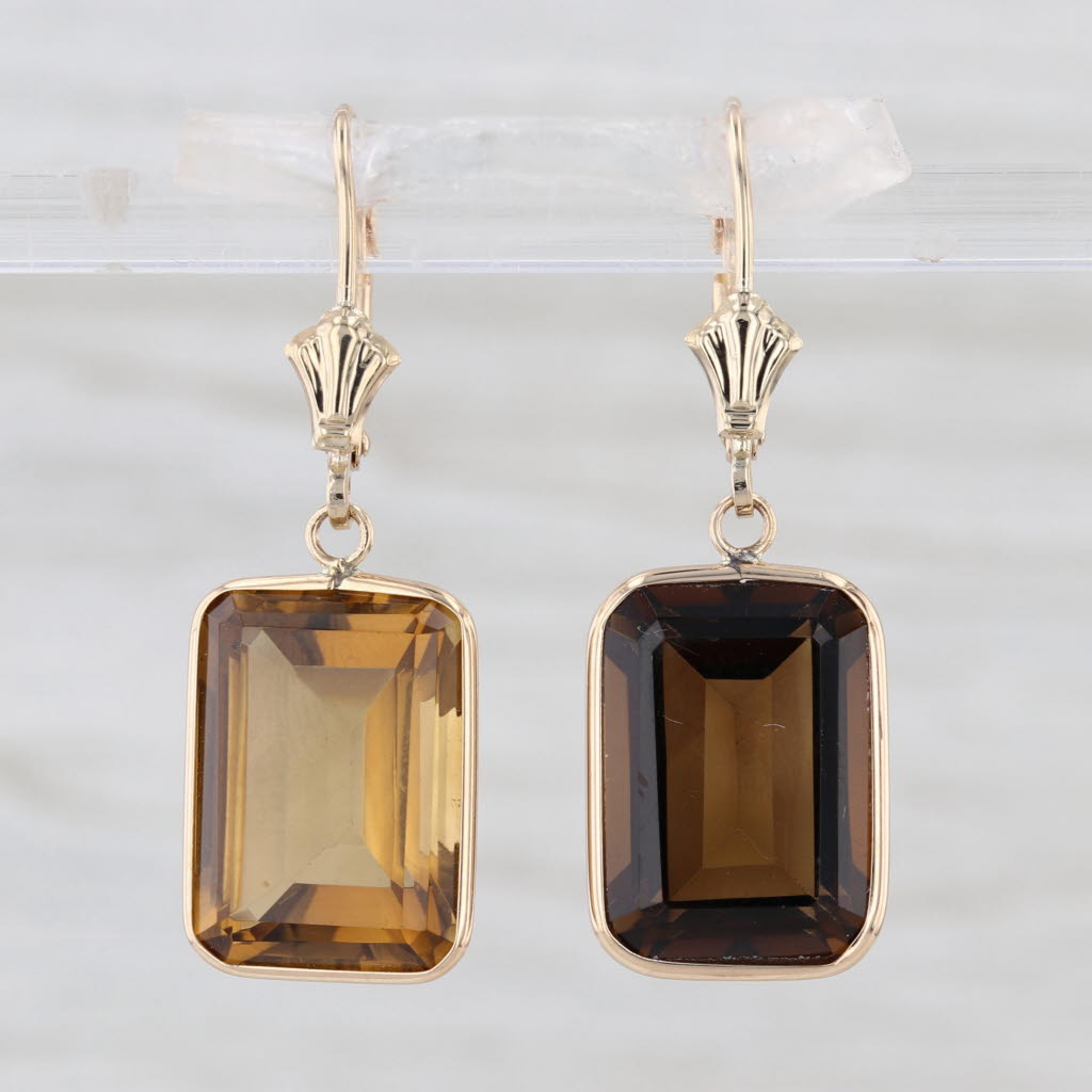 14.20ctw Smoky Quartz Dangle Earrings 14k Yellow Gold Lever Backs