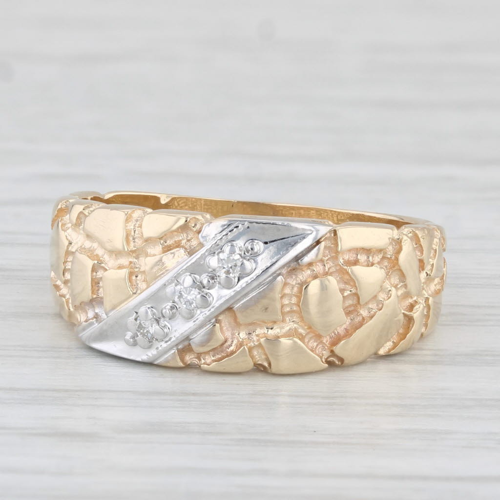 Light Gray Diamond Accented Gold Nugget Ring 14k Gold Size 7.5 Wedding Band