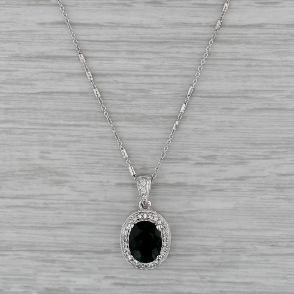 1.90ctw Green Tourmaline Diamond Halo Pendant Necklace 14k Whtie Gold 18.5"