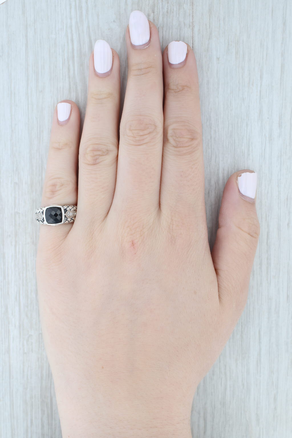Light Gray Onyx 0.10ctw Diamond Basketweave Ring Sterling Silver Size 6.5 Scott Kay