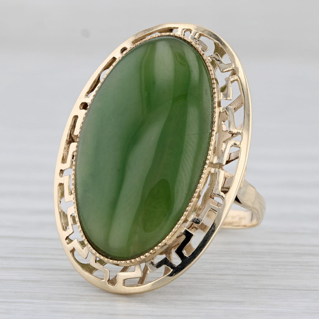 Light Gray Green Nephrite Jade Greek Key Halo Ring 14k Yellow Gold Size 6 Oval Cabochon