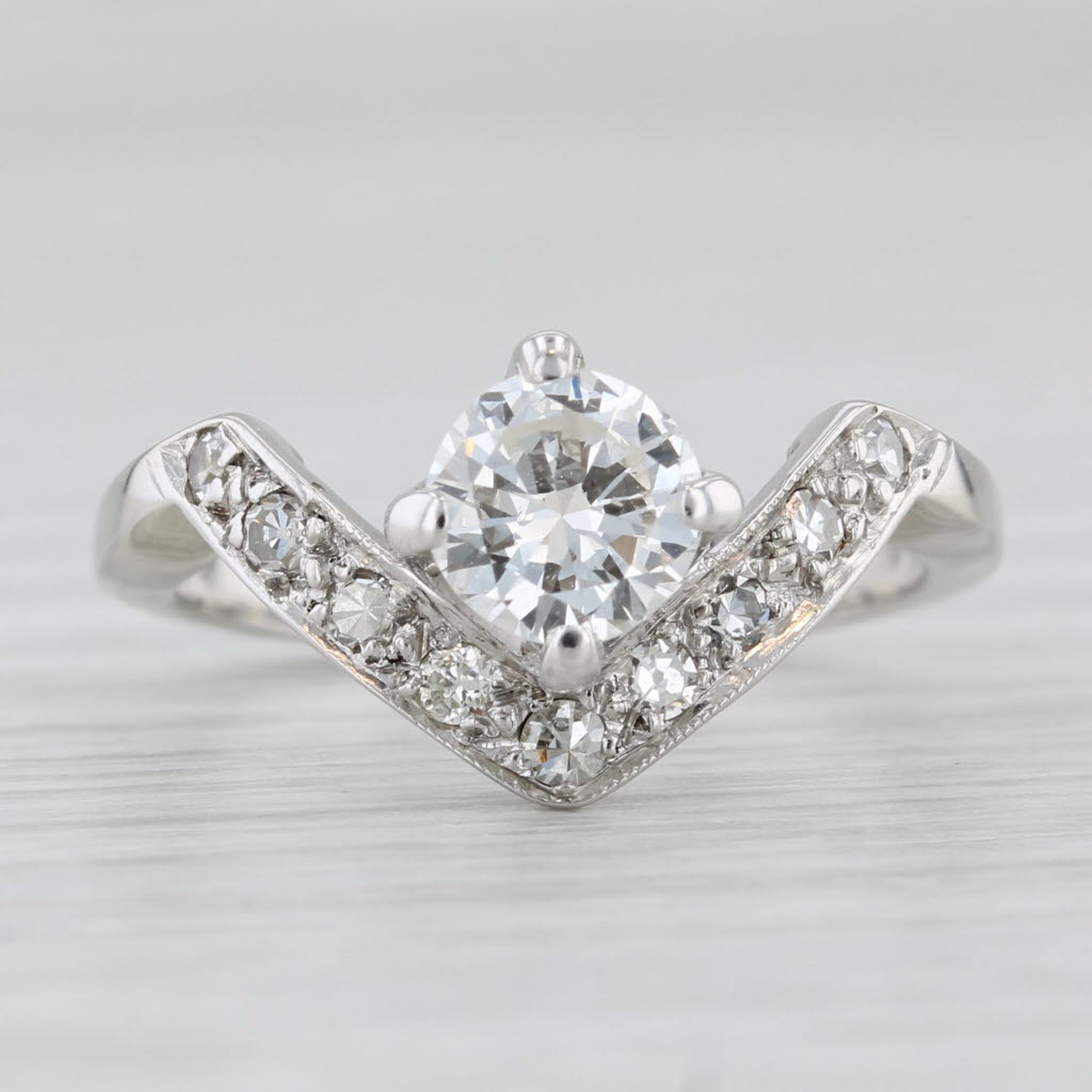 Light Gray Vintage 0.70ctw Round Diamond Engagement Ring 14k White Gold Sz 4.5 Contoured V