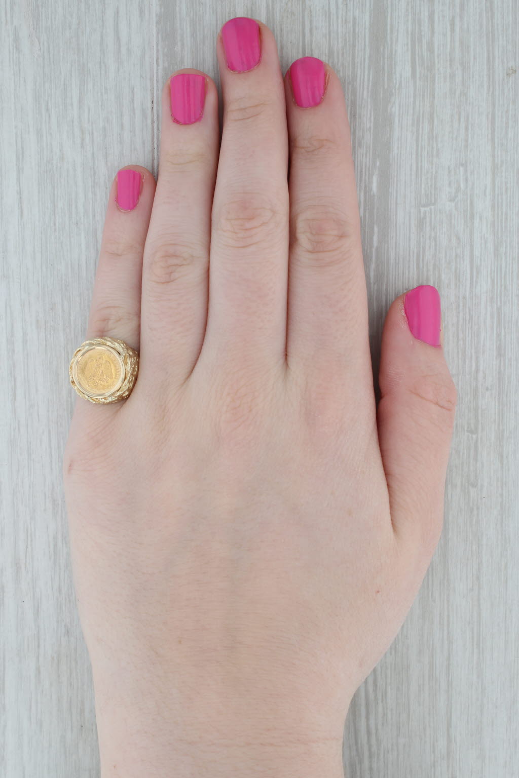 Gray 1945 Dos Pesos Coin Ring 14k 900 Yellow Gold Nugget Size 7.5 Mexico