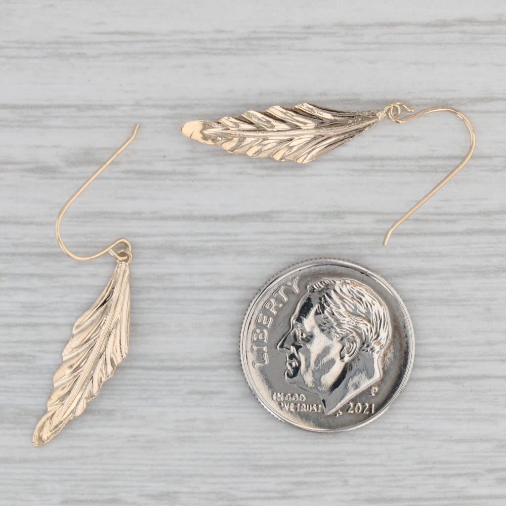 Gray Feather Leaf Dangle Earrings 14k Yellow Gold Hook Post Drops