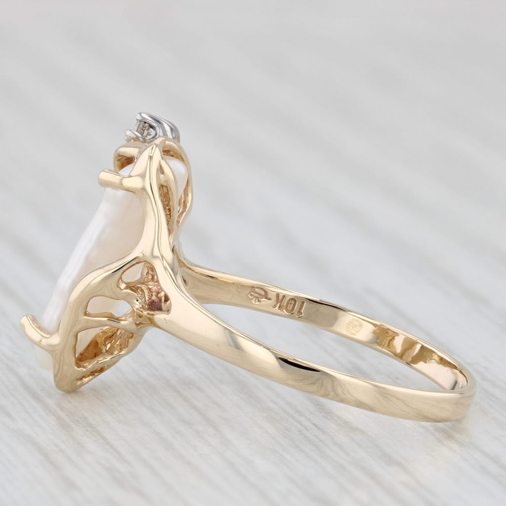 Light Gray Baroque Freshwater Pearl Diamond Ring 10k Yellow Gold Size 7
