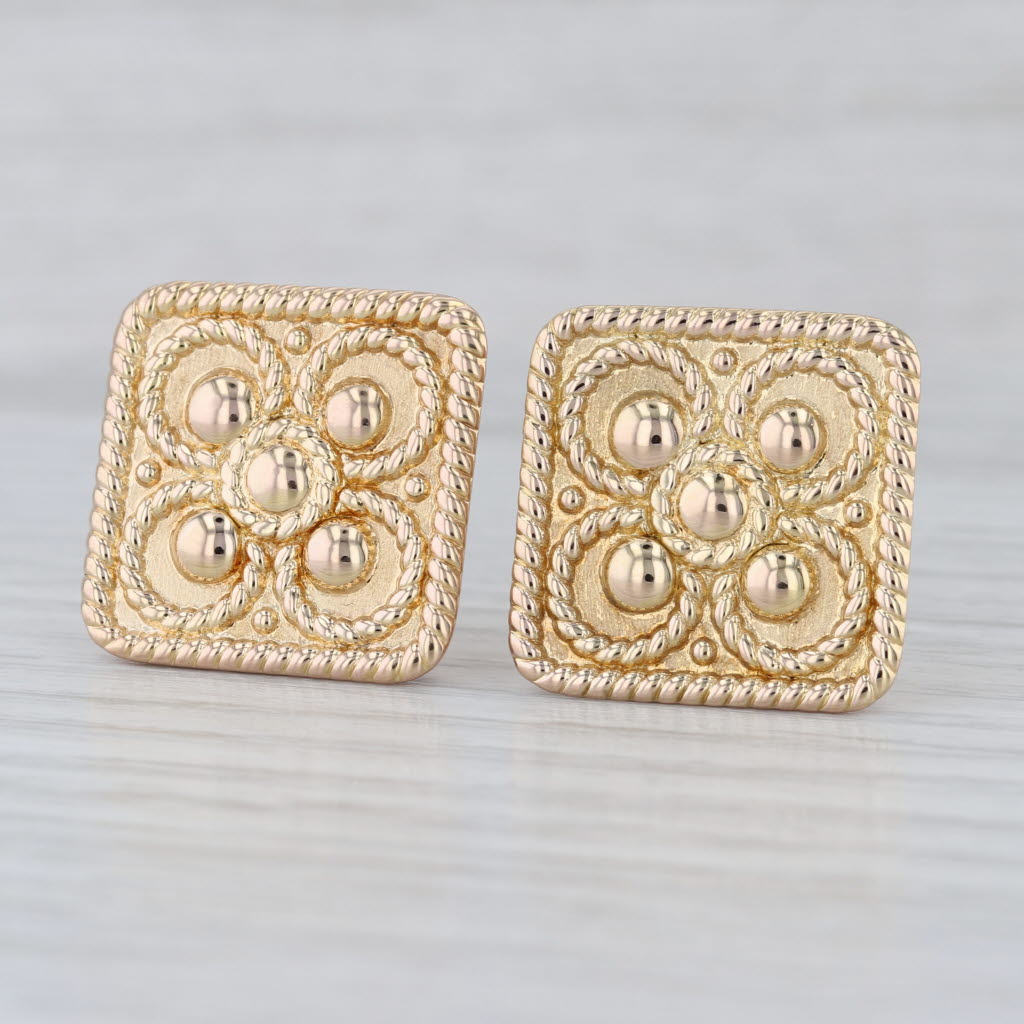 Milor Italy Ornate Square Stud Earrings 14k Yellow Gold Omega Backs Light Weight