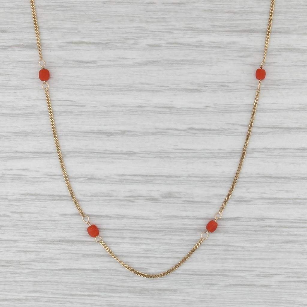 Vintage Coral Station Necklace 18k Yellow Gold 16" Curb Chain