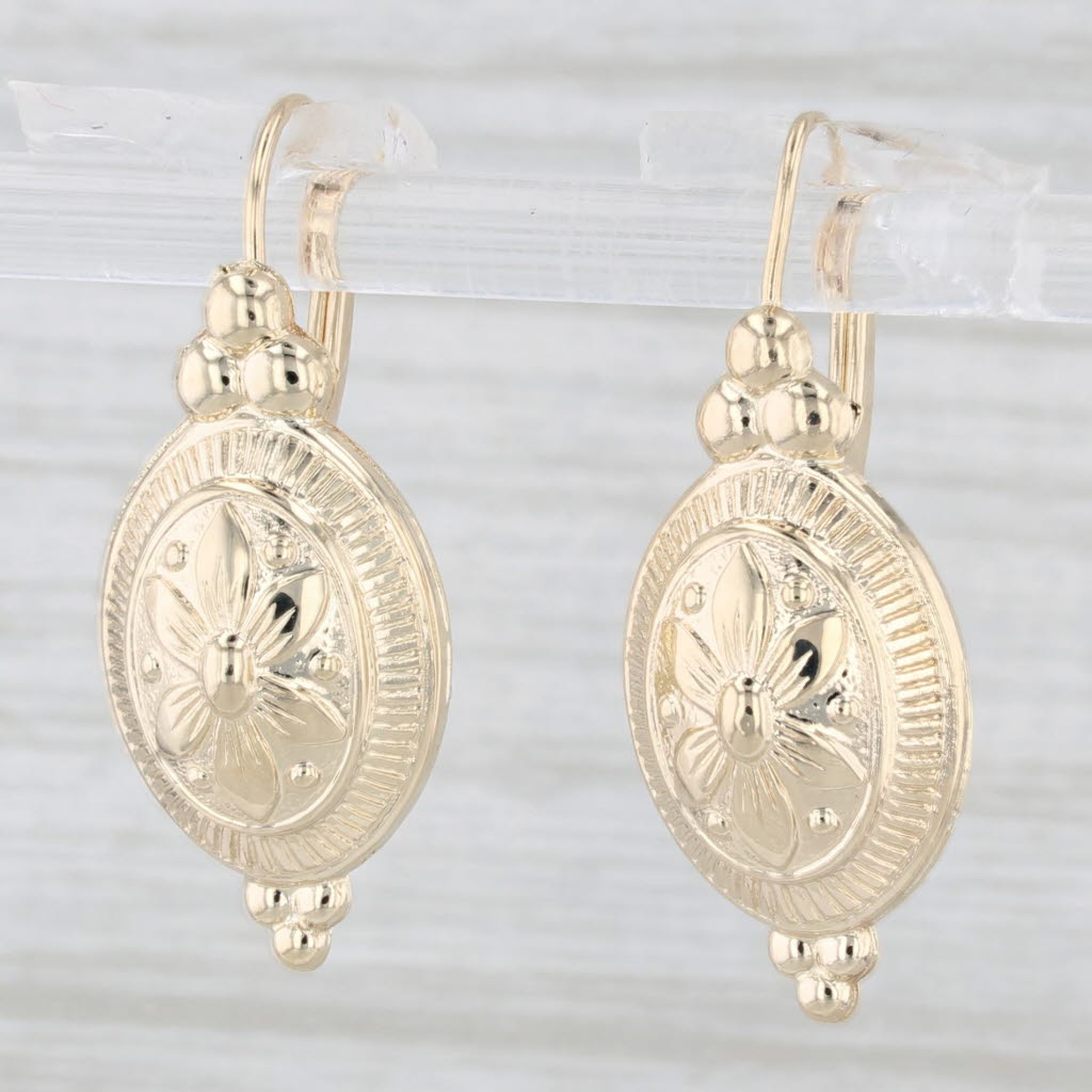 Light Gray Flower Drop Earrings 14k Yellow Gold Look Posts Lever Backs