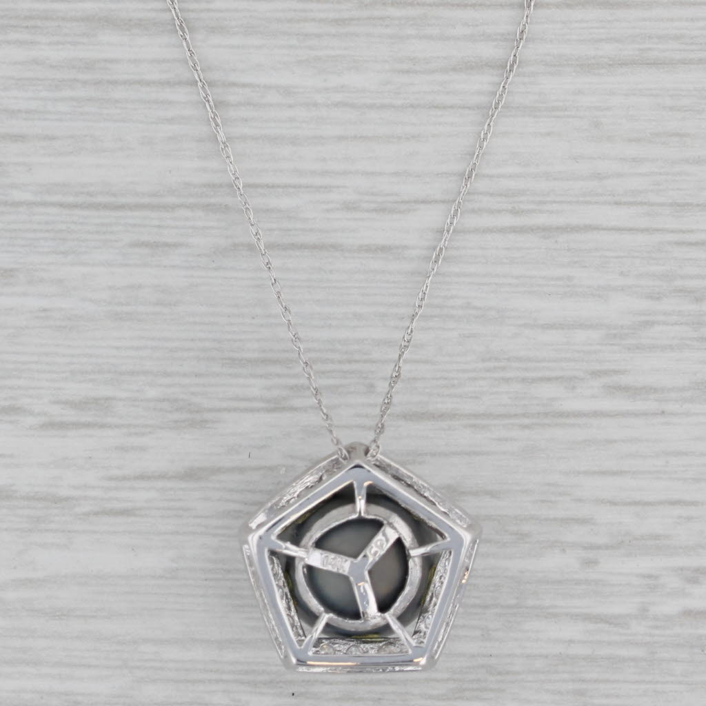 Gray Cultured Black Pearl 0.30ctw Diamond Halo Pendant Necklace 14k White Gold