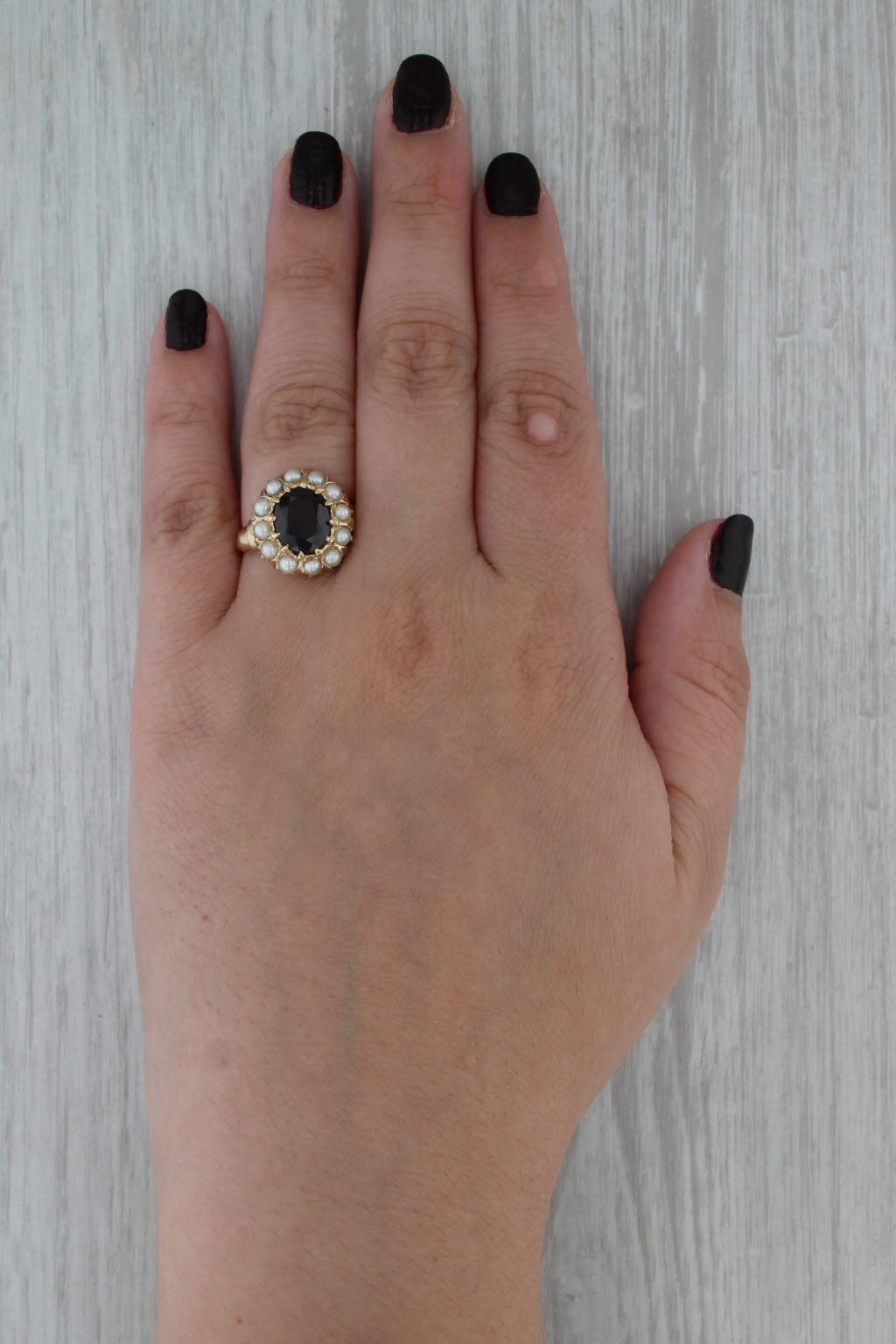 Vintage Oval Garnet Seed Pearl Halo Ring 12k Yellow Gold Size 8
