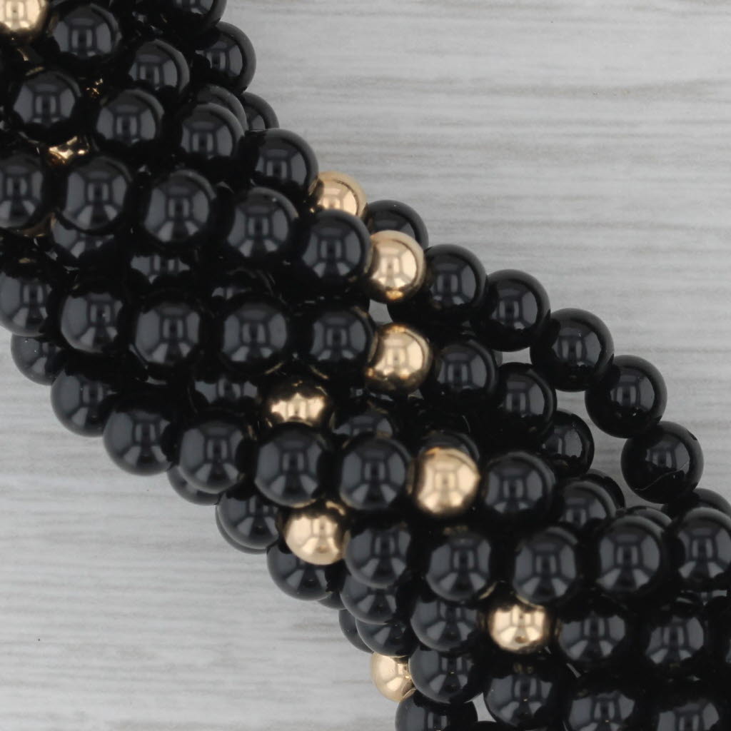 Dark Slate Gray Woven Onyx Bead Statement Necklace Diamond Bow Pendant Brooch 14k Gold 15.5"