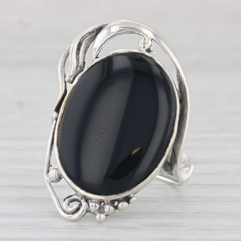 Light Gray Onyx Statement Ring Sterling Silver Size 6.75 Oval Cabochon Solitaire