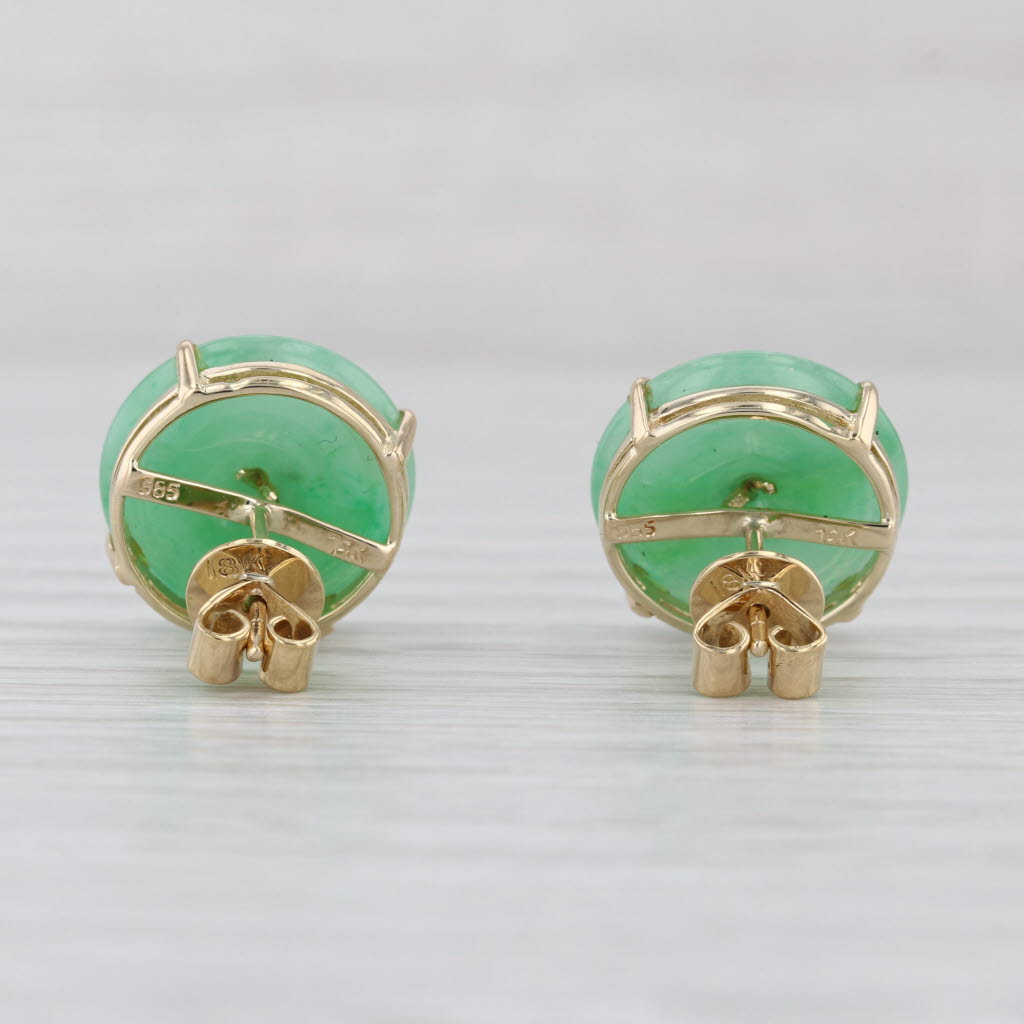 Green Jadeite Jade Diamond Flower Button Stud Earrings 14k Yellow Gold Studs