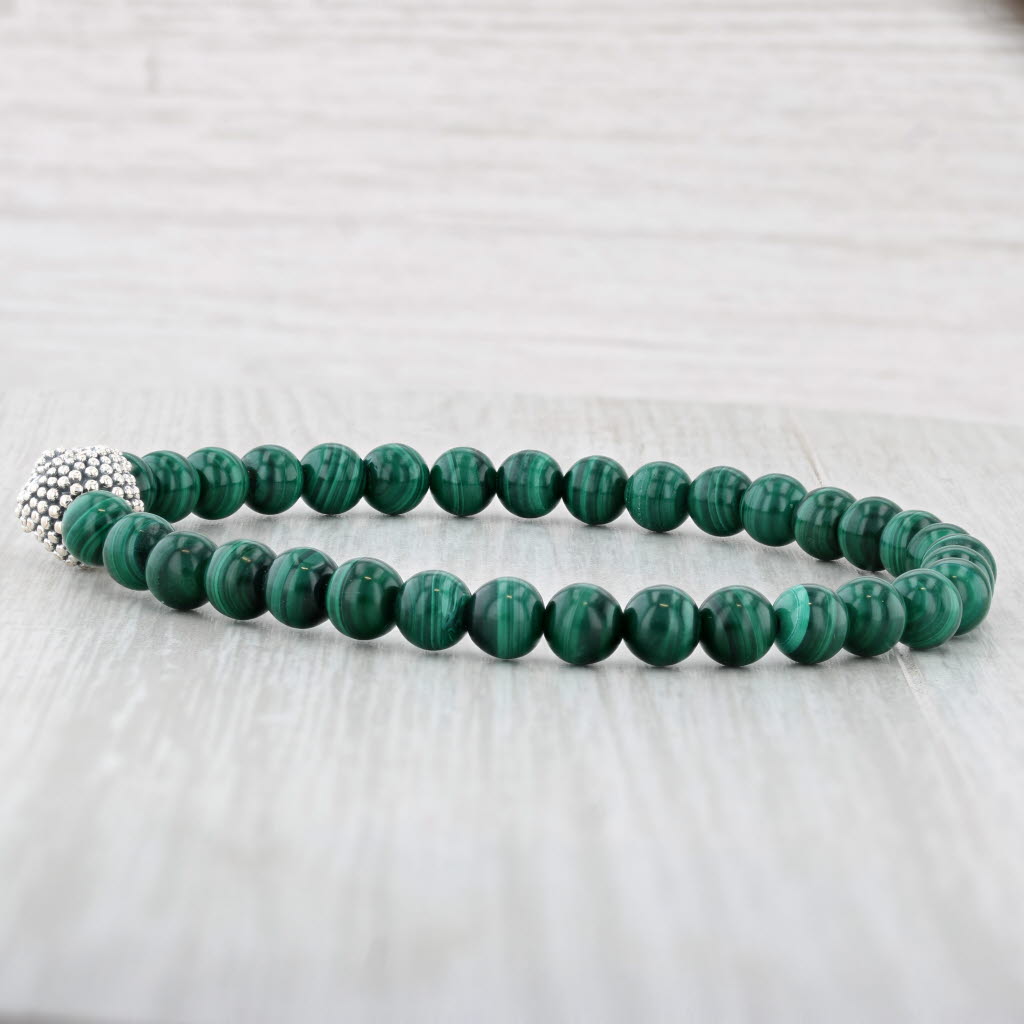 New Lagos Caviar Malachite Skull Bead Bracelet Pouch Sterling Silver 05-81388-W8