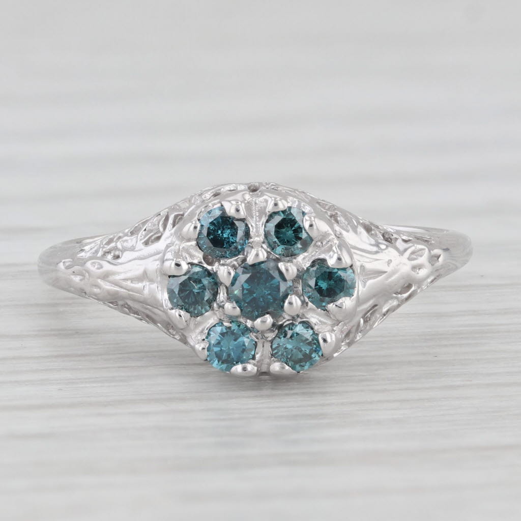 Light Gray 0.25ctw Blue Diamond Cluster Flower Ring 10k White Gold Size 6 Floral Openwork
