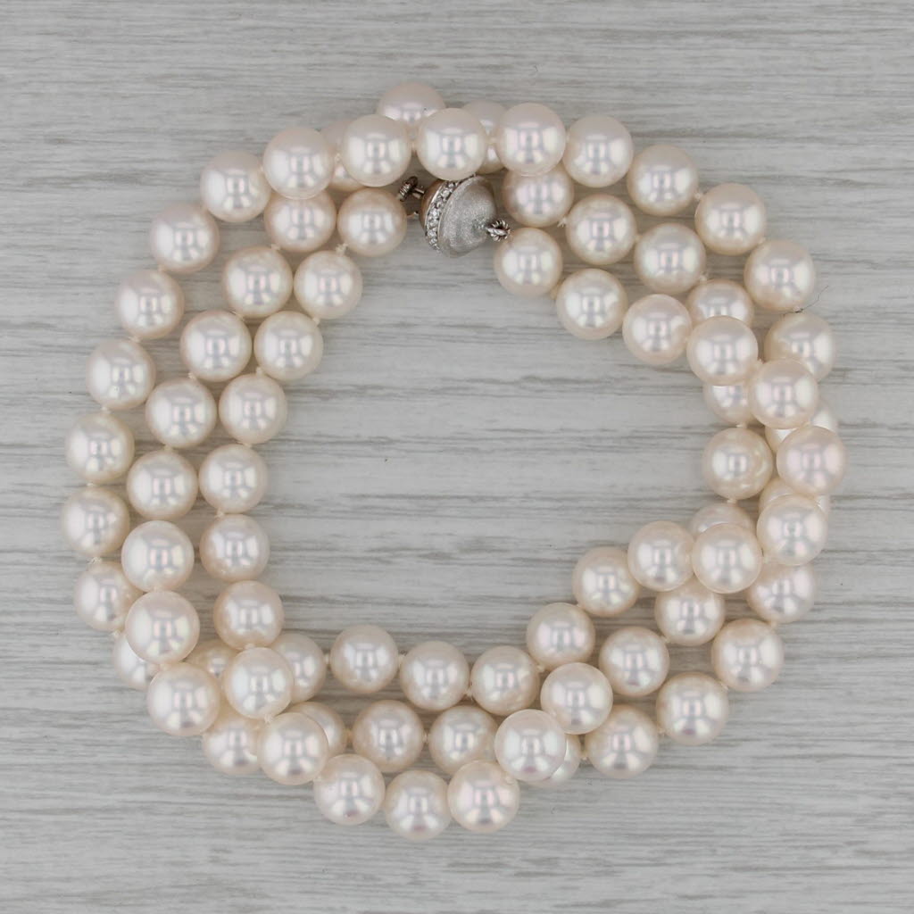 Cultured Pearl Strand Necklace 18k White Gold Diamond Bead Clasp 26" 7.5-8mm