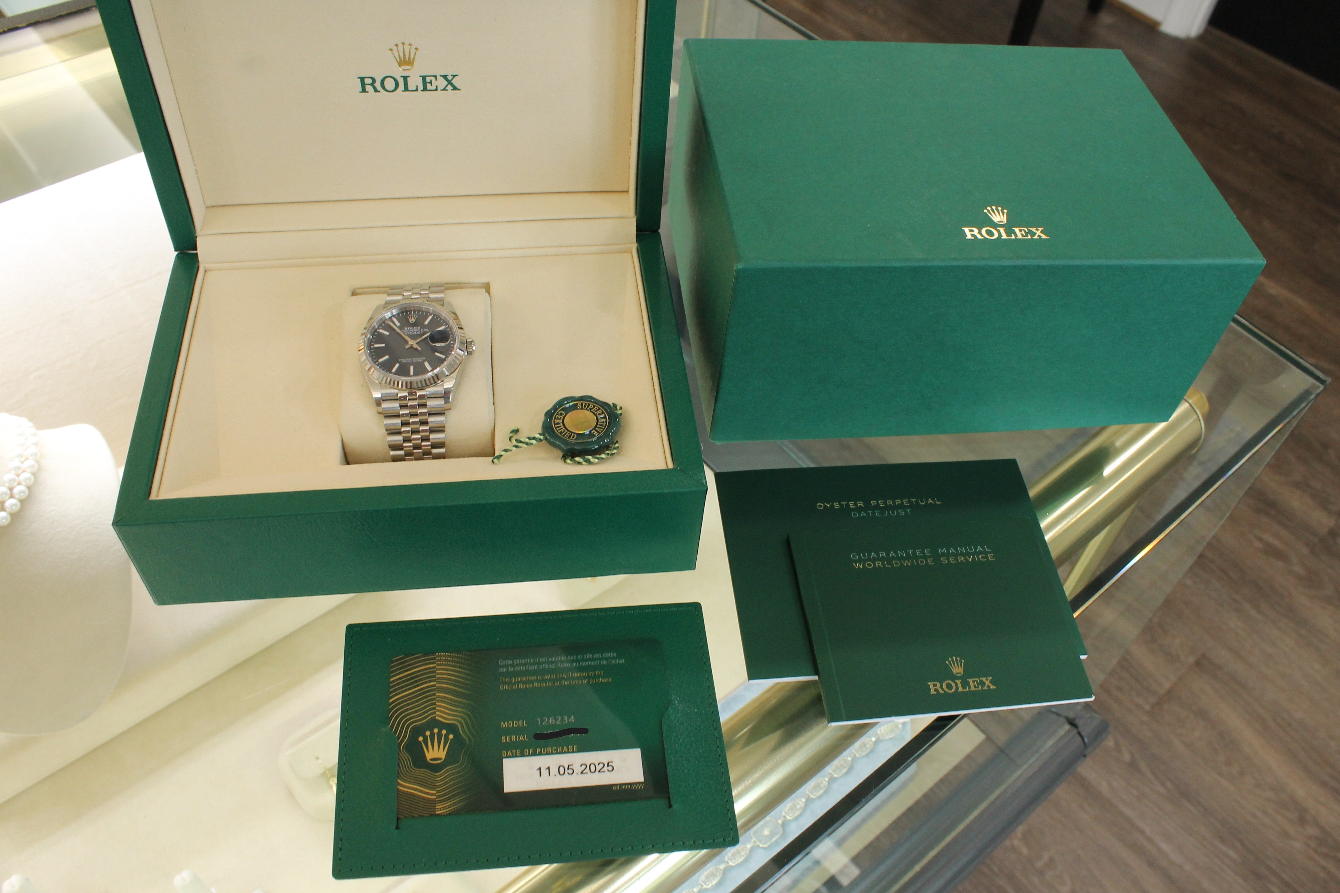 2025 Rolex Datejust 126234 36mm Steel Watch Blue Dial Fluted Jubilee Box Card